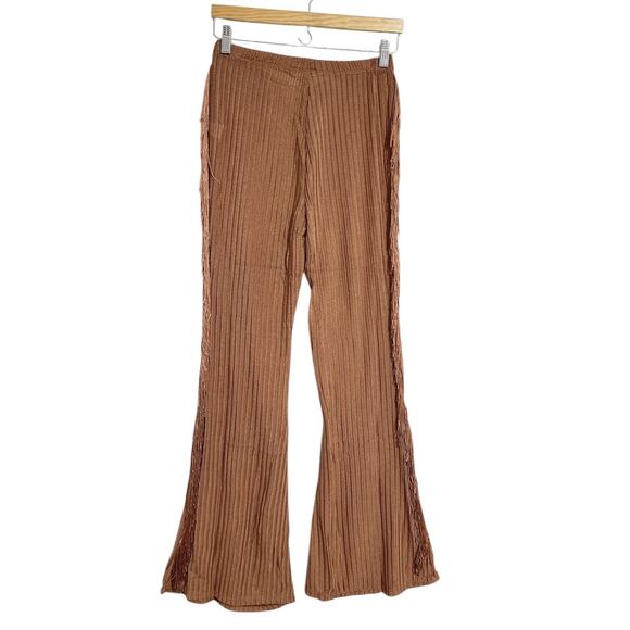 Side Fringe Knit Flare Leg Pants Size L Caramel Brown Sheer Cowgirl Costume NWT - Picture 8 of 15